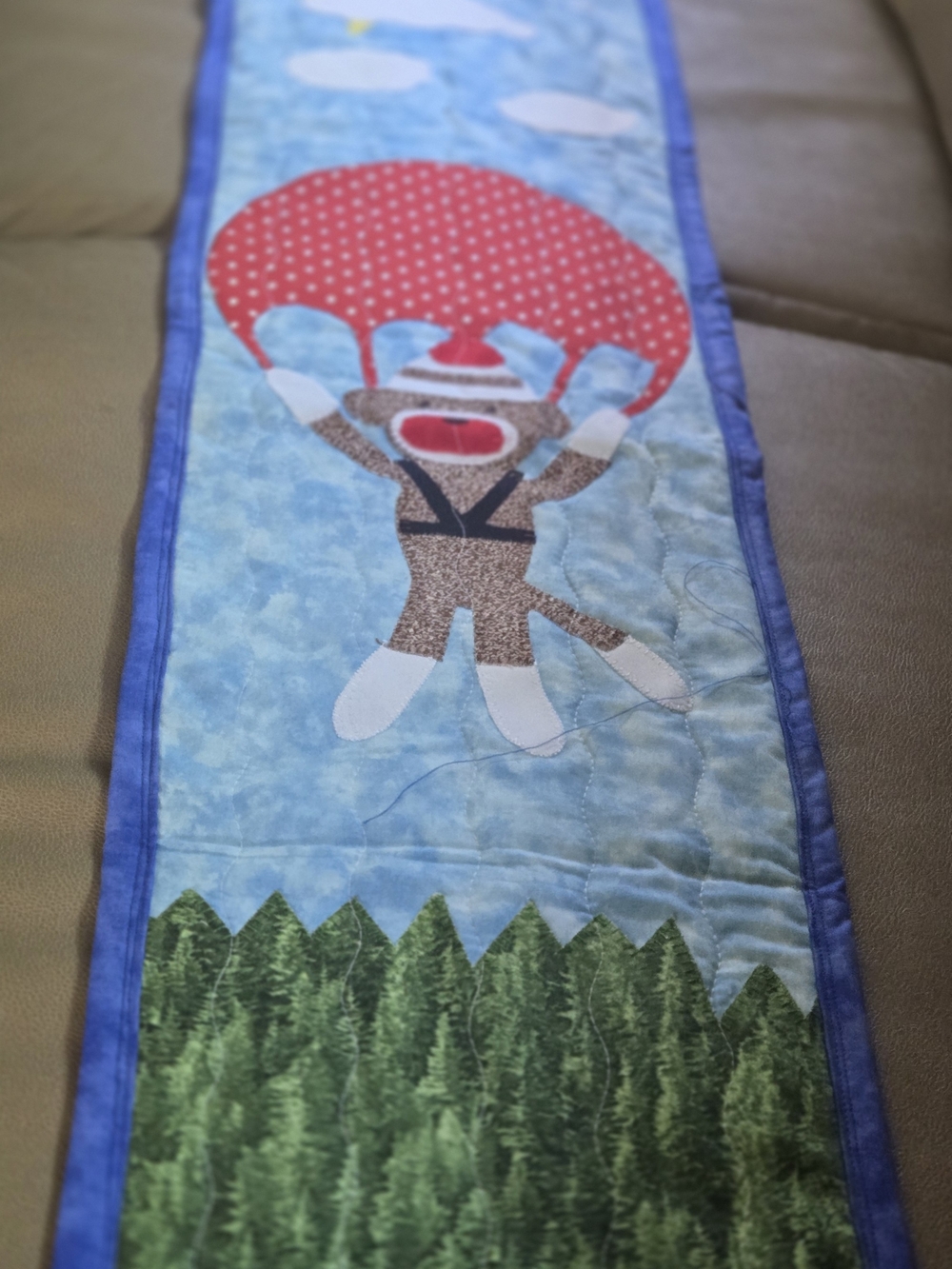 Sock Monkey Parachuting Wall Hanging - Blue and Red Hand made
